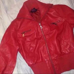 Red faux leather bomber jacket